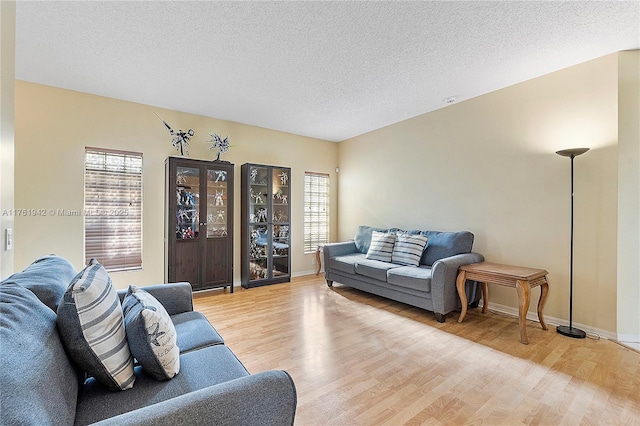 living area with baseboards, a textured ceiling, and light wood-style floors