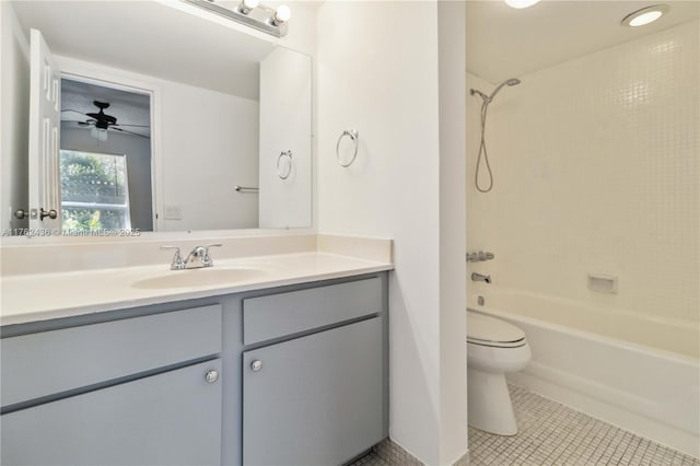 full bathroom featuring toilet, a ceiling fan, shower / tub combination, tile patterned flooring, and vanity