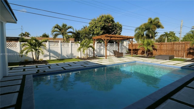 view of pool with a fenced in pool, a pergola, and a fenced backyard