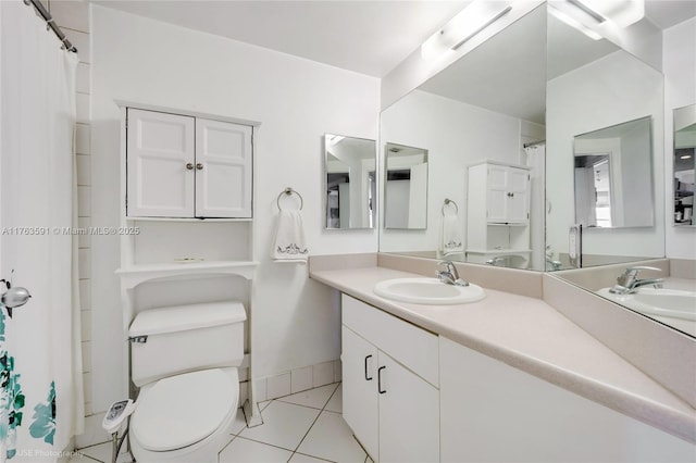 bathroom with tile patterned flooring, baseboards, toilet, a shower with curtain, and vanity