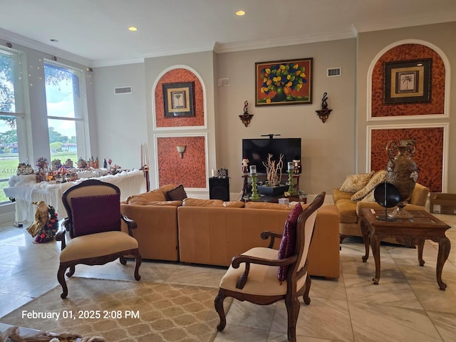 living room featuring visible vents, recessed lighting, and crown molding