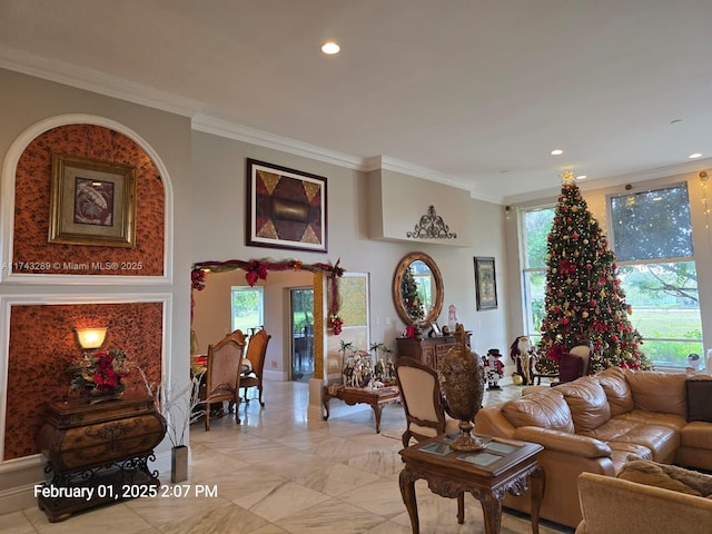 living room featuring recessed lighting and ornamental molding