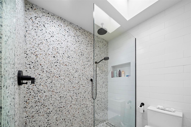 full bathroom with a skylight, a walk in shower, and toilet