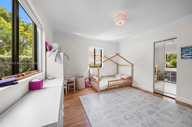 bedroom featuring multiple windows, wood finished floors, and ornamental molding