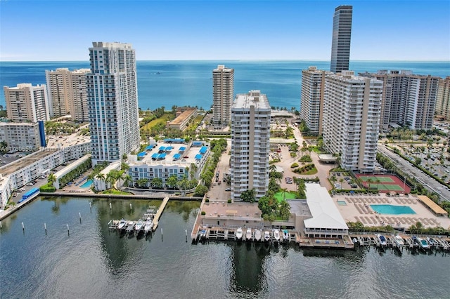 drone / aerial view with a city view and a water view