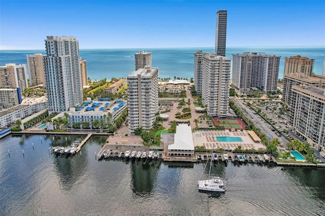 bird's eye view featuring a water view and a view of city