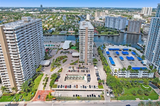 bird's eye view with a city view and a water view