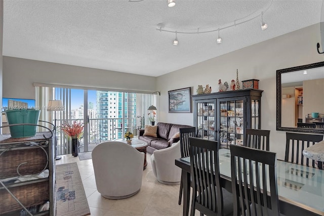 living room featuring a city view, light tile patterned floors, rail lighting, and a textured ceiling