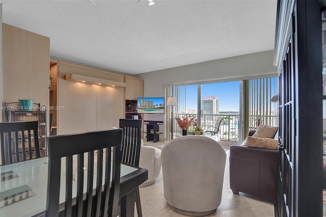 living room with light tile patterned floors and a textured ceiling