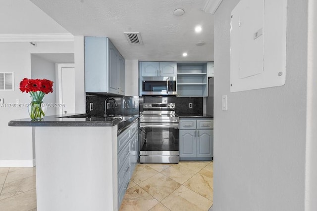 kitchen featuring tasteful backsplash, stainless steel appliances, electric panel, and open shelves