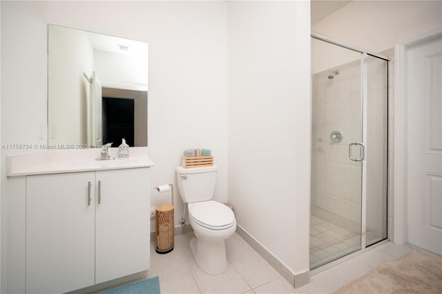 full bath featuring vanity, a shower stall, toilet, and tile patterned flooring