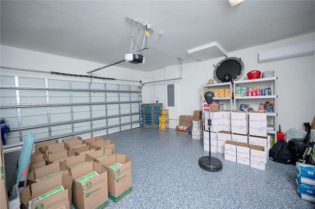 garage featuring electric panel, an AC wall unit, and a garage door opener