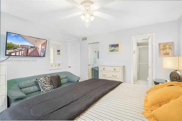 bedroom featuring visible vents, ensuite bath, and a ceiling fan