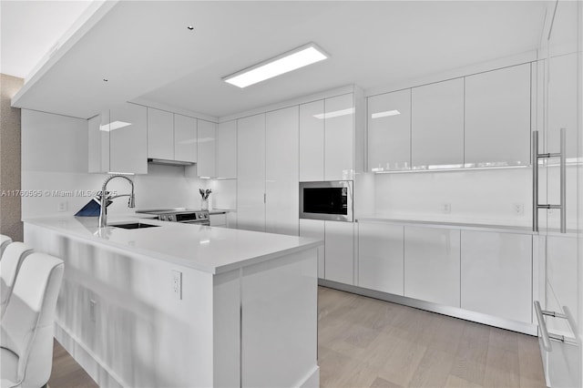 kitchen with built in microwave, white cabinets, modern cabinets, and a sink