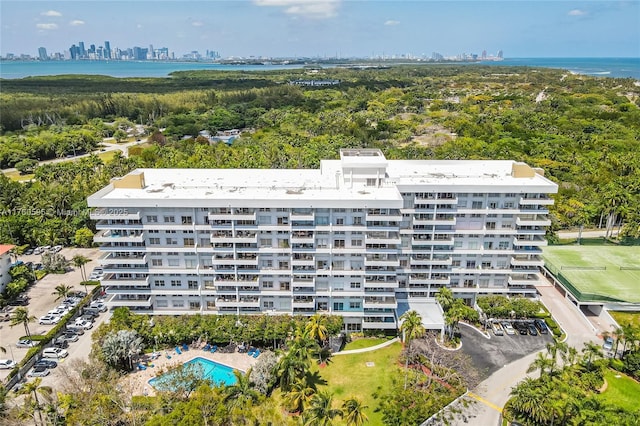 aerial view featuring a city view and a water view