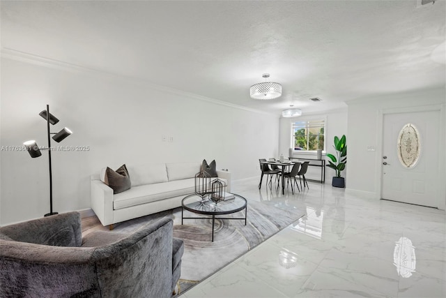 living room with visible vents, marble finish floor, baseboards, and ornamental molding