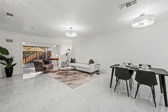 living room with visible vents, marble finish floor, and crown molding