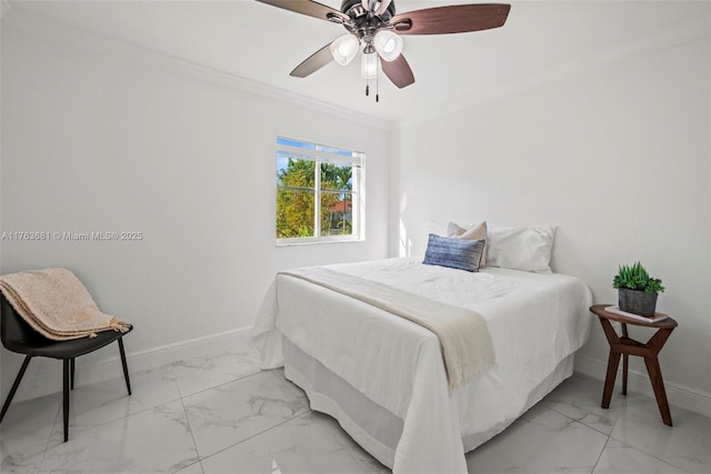 bedroom with marble finish floor, a ceiling fan, crown molding, and baseboards