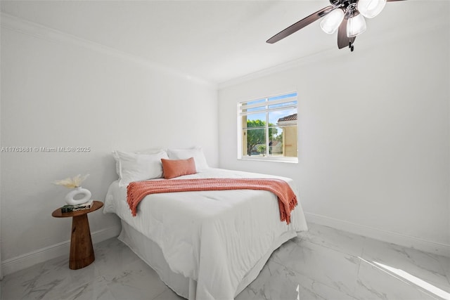 bedroom featuring baseboards, marble finish floor, and crown molding