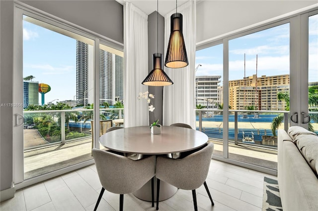 dining room featuring a city view