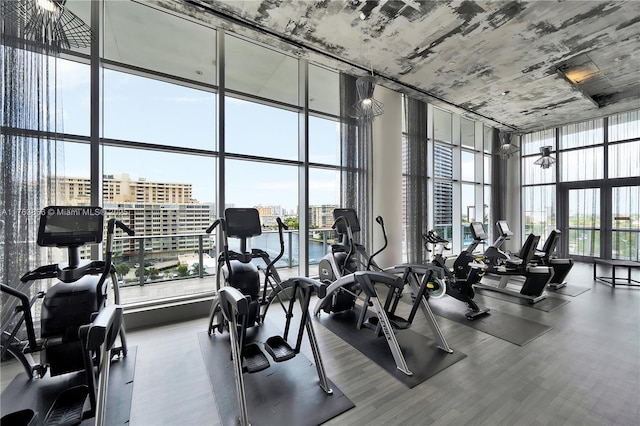 gym with a view of city, a wall of windows, and a high ceiling