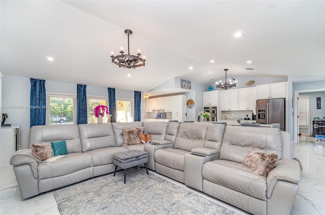 living area with recessed lighting, marble finish floor, an inviting chandelier, and vaulted ceiling