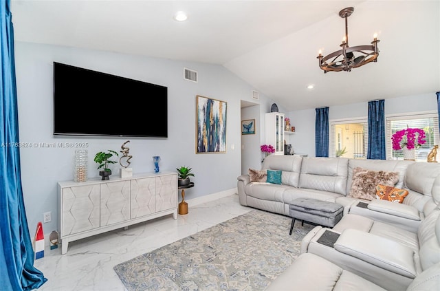 living room featuring visible vents, baseboards, a chandelier, lofted ceiling, and marble finish floor