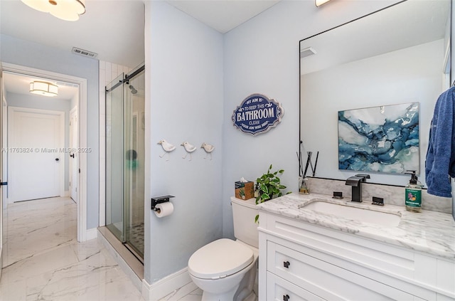 bathroom featuring vanity, visible vents, a shower stall, toilet, and marble finish floor