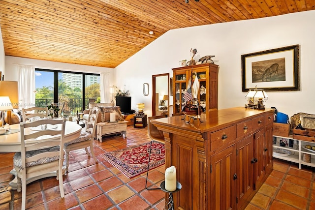 interior space with tile patterned flooring, vaulted ceiling, and wood ceiling