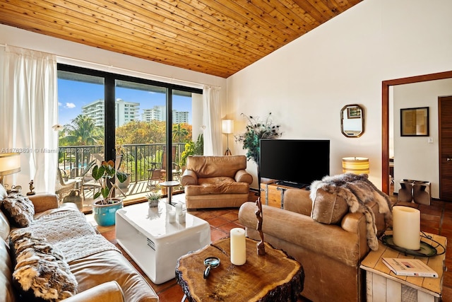 living room with wooden ceiling and high vaulted ceiling