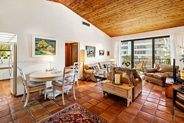 living room featuring plenty of natural light, wood ceiling, visible vents, and high vaulted ceiling