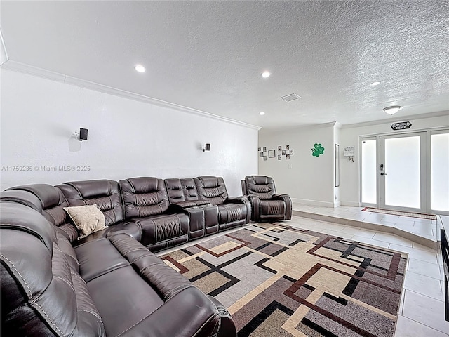 living area with light tile patterned flooring, recessed lighting, a textured ceiling, and ornamental molding