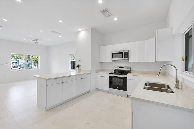 kitchen with visible vents, a peninsula, stainless steel appliances, white cabinetry, and a sink