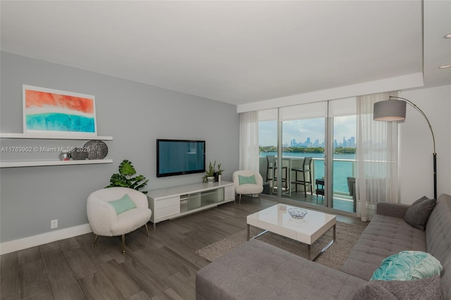 living area featuring baseboards and wood finished floors