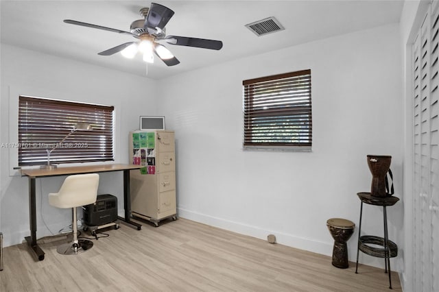 home office featuring visible vents, baseboards, light wood-style floors, and ceiling fan