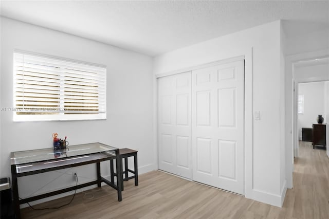 interior space featuring light wood-type flooring, baseboards, and a closet