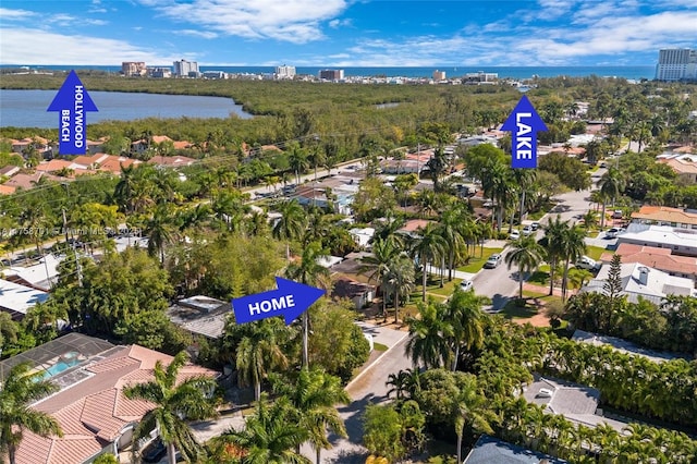 drone / aerial view featuring a water view