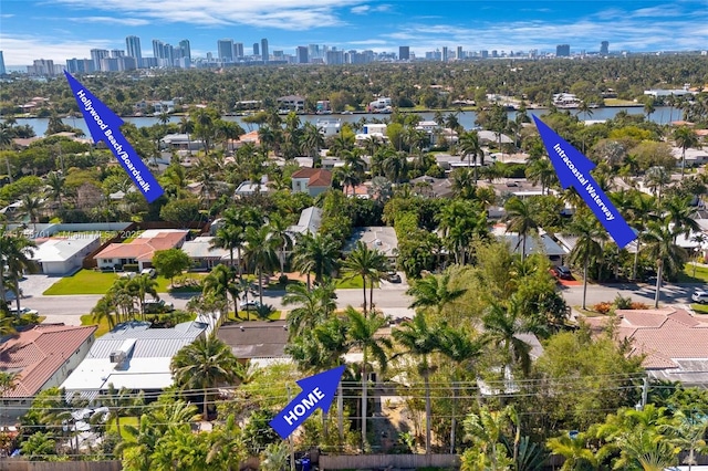 aerial view with a view of city and a water view