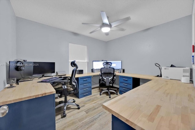 office area with light wood-style floors, ceiling fan, and a textured ceiling