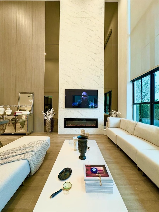 living area with wood finished floors, a high ceiling, and a fireplace