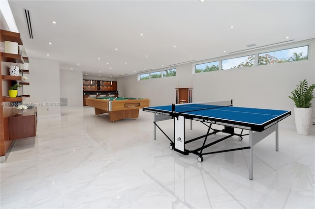 recreation room with recessed lighting, visible vents, marble finish floor, and billiards