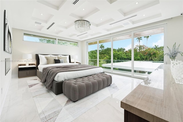 bedroom featuring access to outside, multiple windows, and marble finish floor