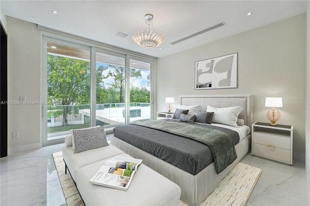 bedroom featuring visible vents, a notable chandelier, marble finish floor, floor to ceiling windows, and access to exterior