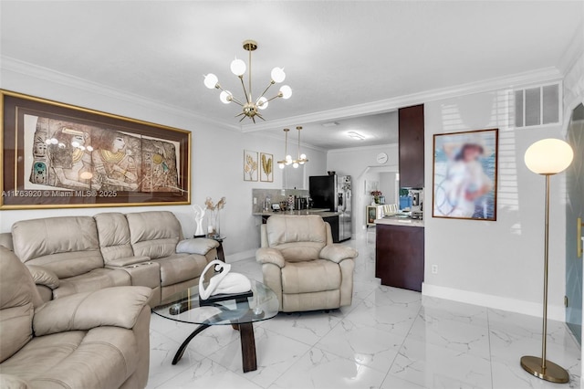 living room featuring visible vents, a notable chandelier, marble finish floor, crown molding, and baseboards