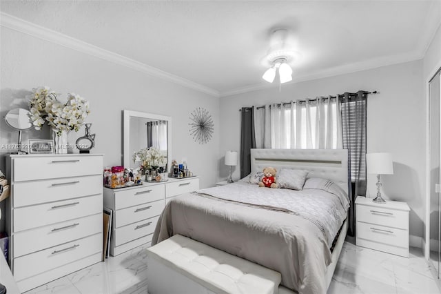 bedroom with marble finish floor and ornamental molding