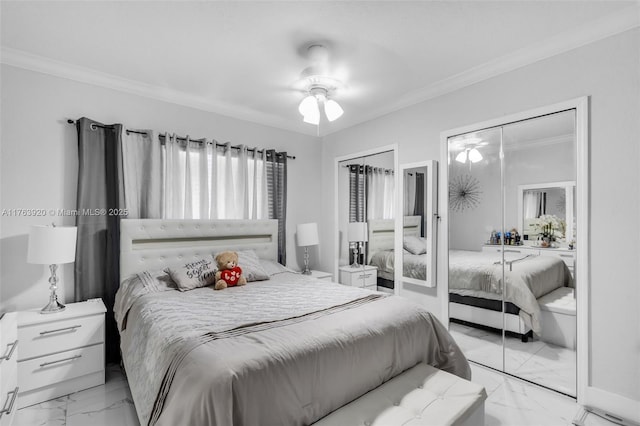 bedroom featuring ceiling fan, marble finish floor, and ornamental molding