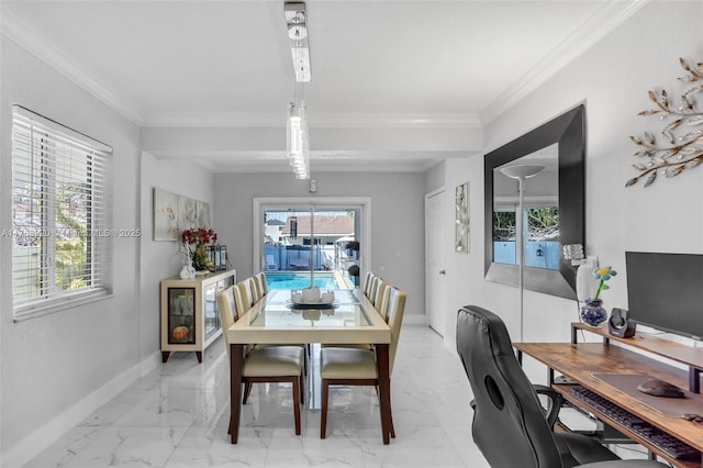 dining room with baseboards, marble finish floor, and ornamental molding