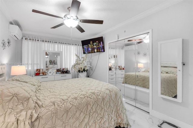 bedroom featuring marble finish floor, an AC wall unit, ornamental molding, a ceiling fan, and a closet