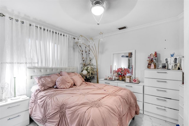 bedroom featuring visible vents, a ceiling fan, marble finish floor, and crown molding