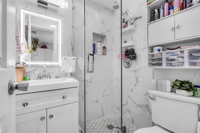 bathroom featuring vanity, a marble finish shower, decorative backsplash, tile walls, and toilet